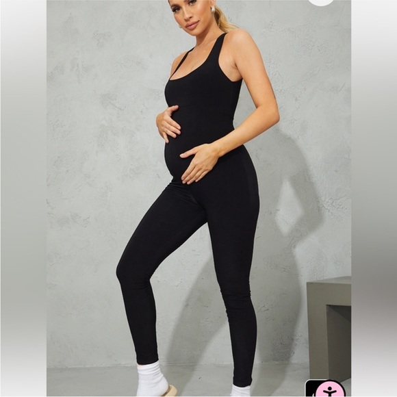 PrettyLittleThing Pants - PrettyLittleThing Women's Black Slinky Maternity Jumpsuit Bumpsuit Lounge Cozy